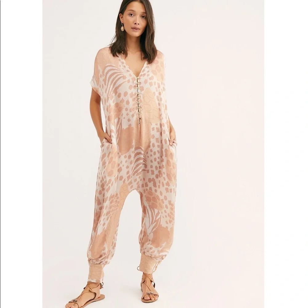 Free People x Carolina K Sera Silk Blend Harem Jumpsuit NWT Champagne Jungle XS